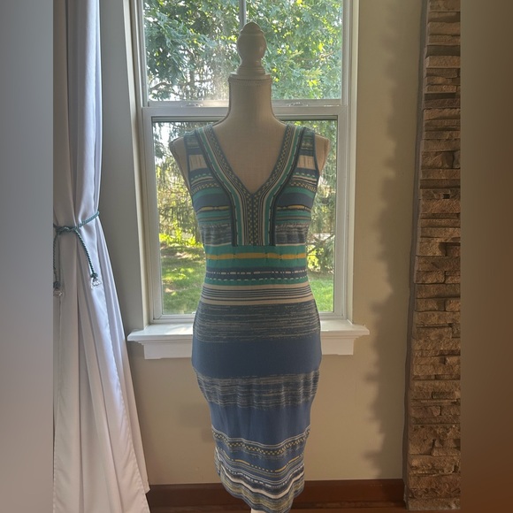 VENUS Dresses & Skirts - Venus Striped Blue,Teal & Yellow Knit Midi Dress Sz. Small-Good Condition🩵💛